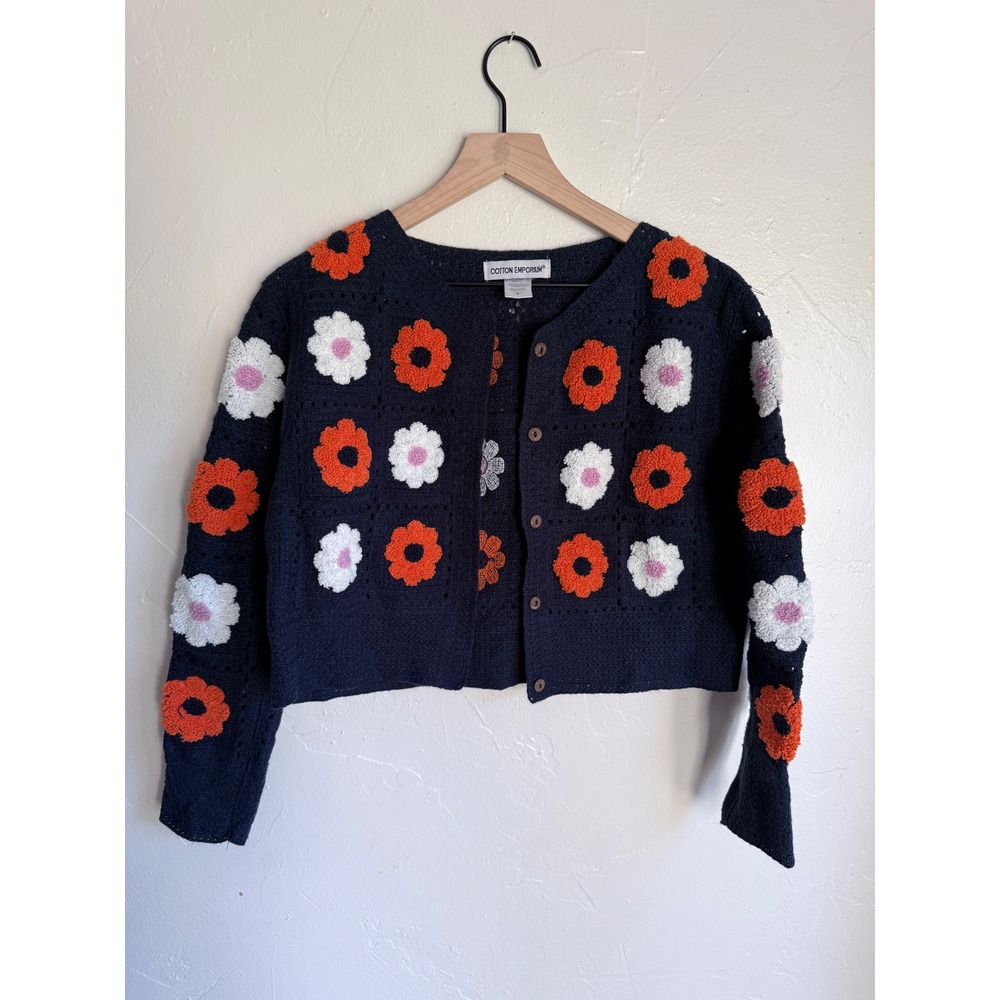 Cotton Emporium‎ 3D Daisy Crochet Cardigan Navy Floral Y2K